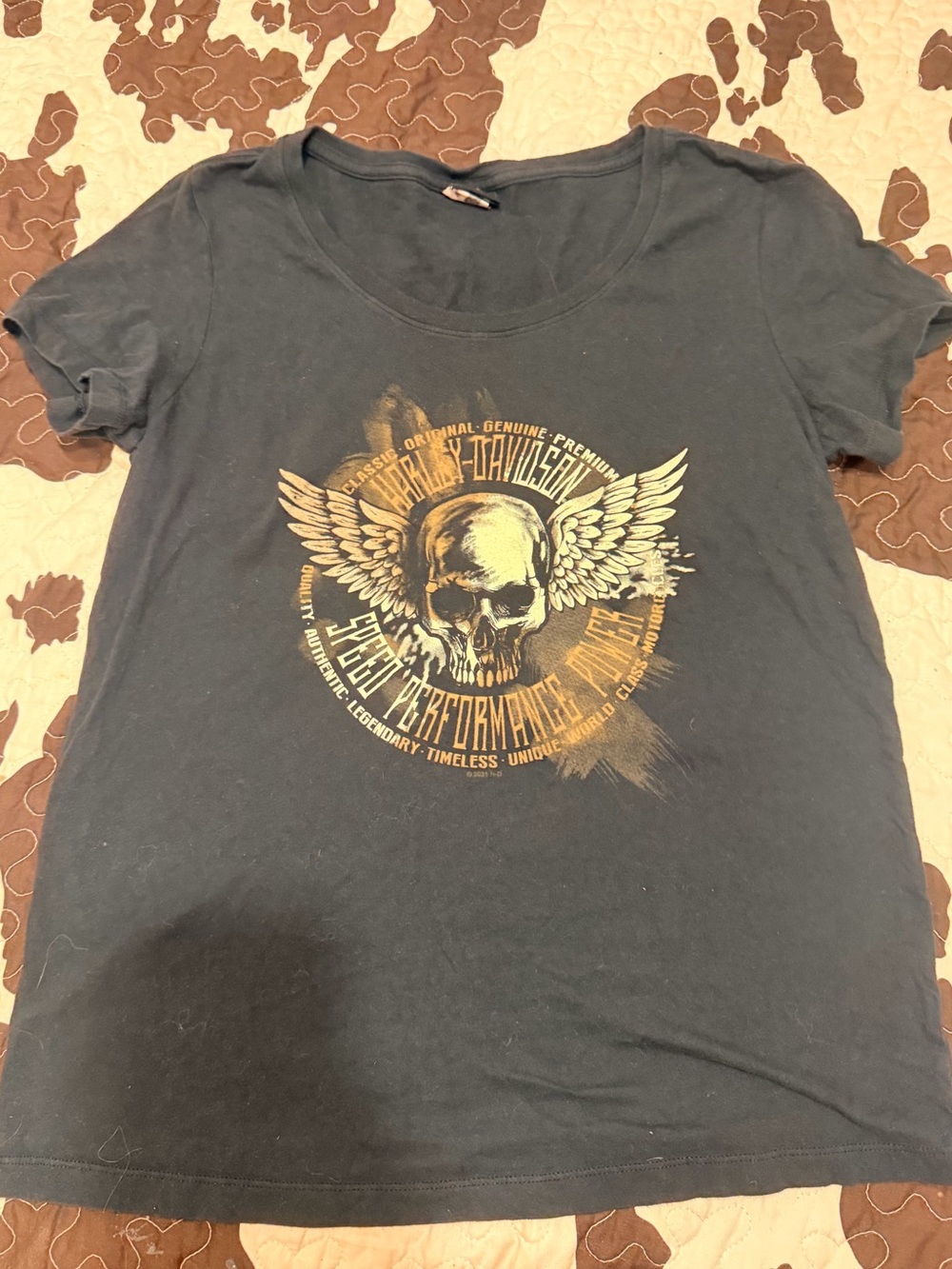 Harley-Davidson Black Tee with Gold Winged Skull Graphic